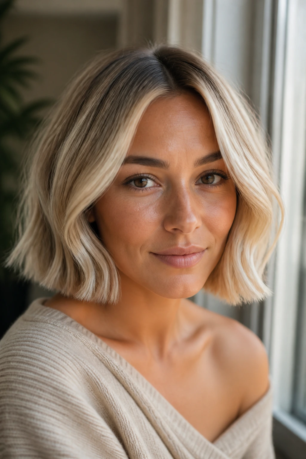 Close-up portrait of a real woman with a creamy buttermilk bob framing the face