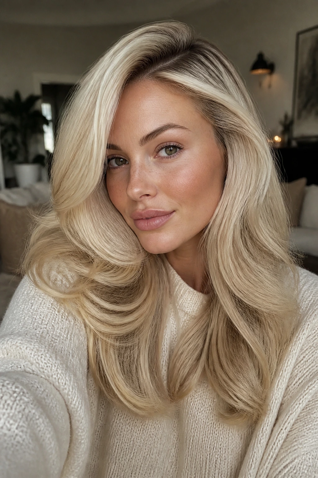 Real woman with buttermilk blonde hair and a side-parted glossy blowout.