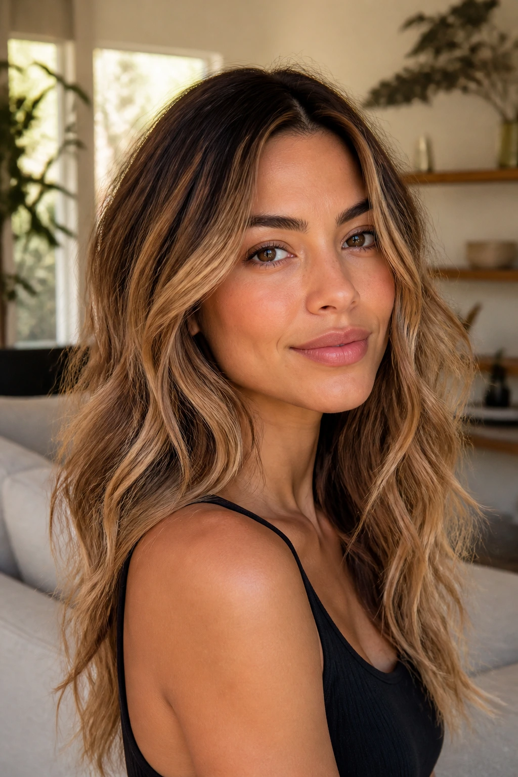 Close-up portrait of a woman with sun-kissed butterscotch babylights on beachy waves