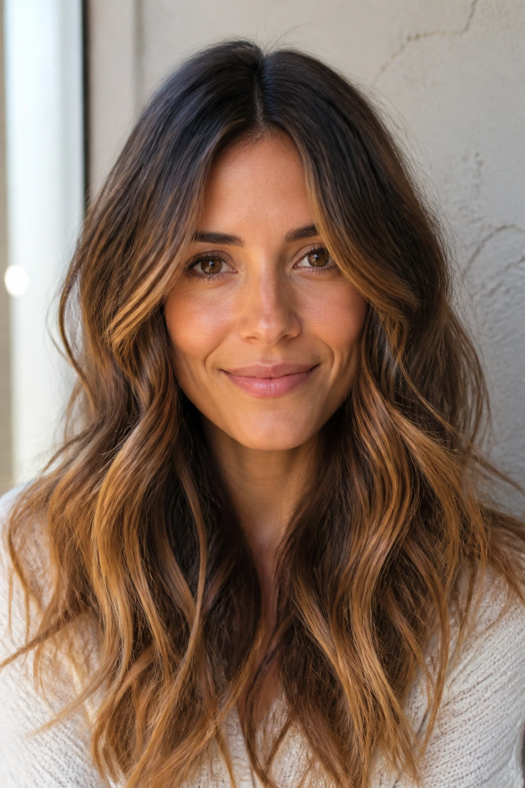 Close-up of brunette hair with butterscotch balayage on a real person