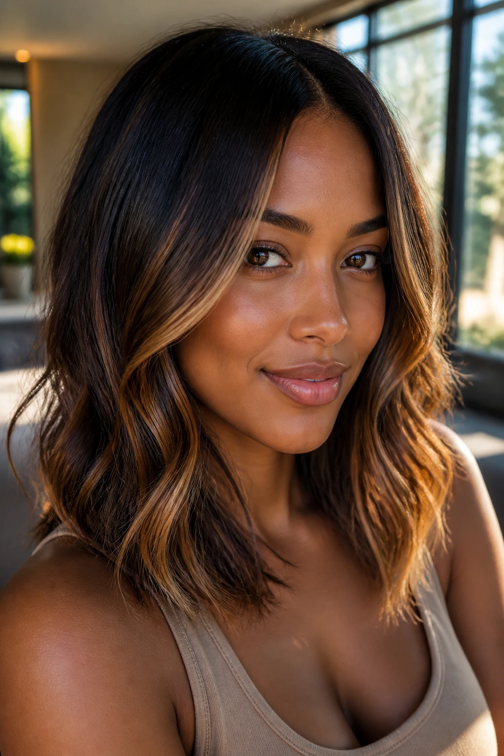 Close-up portrait of a real woman with butterscotch balayage on dark brunette hair in warm window light