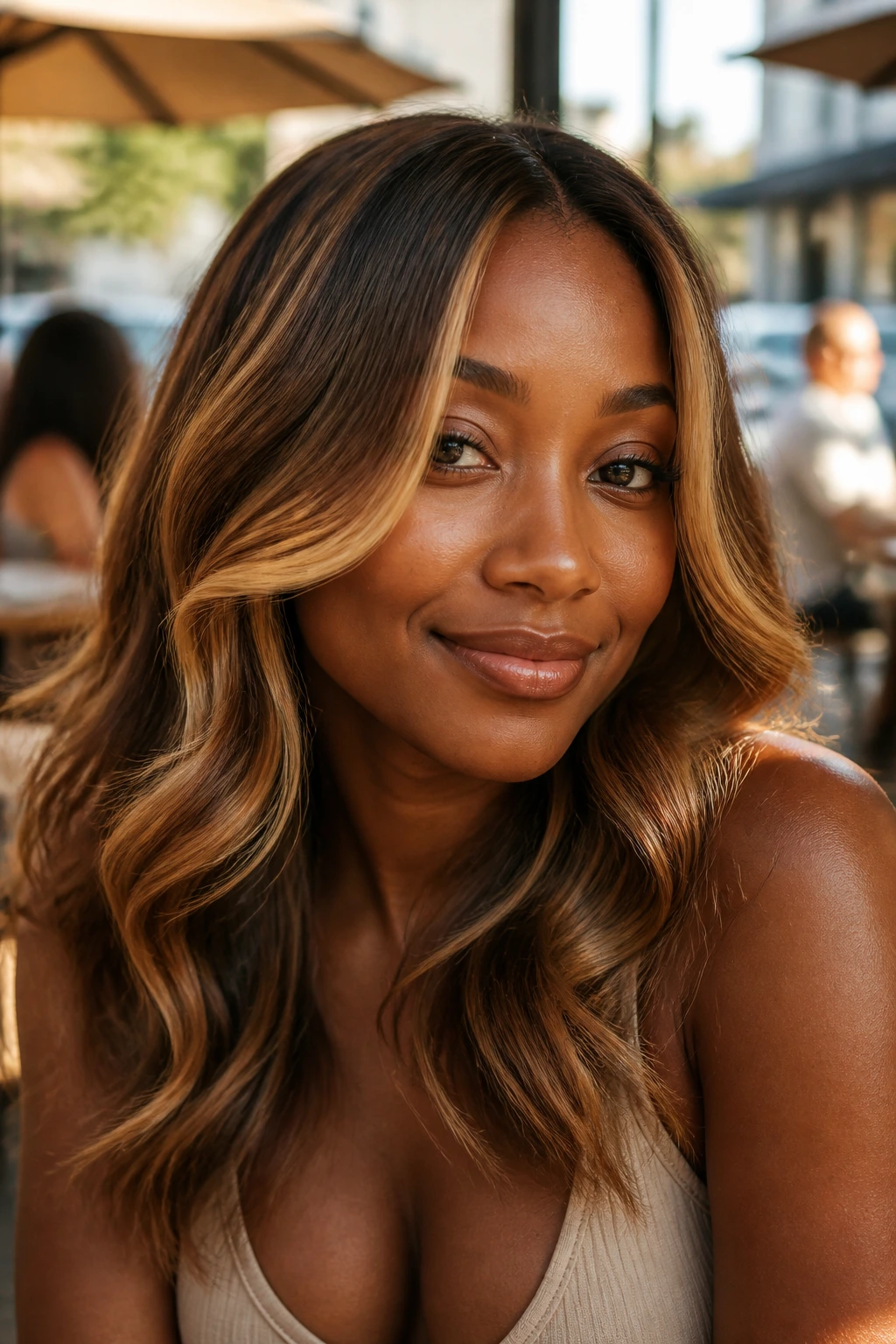 Face-framing butterscotch ribbons in balayage on a deep-skinned model