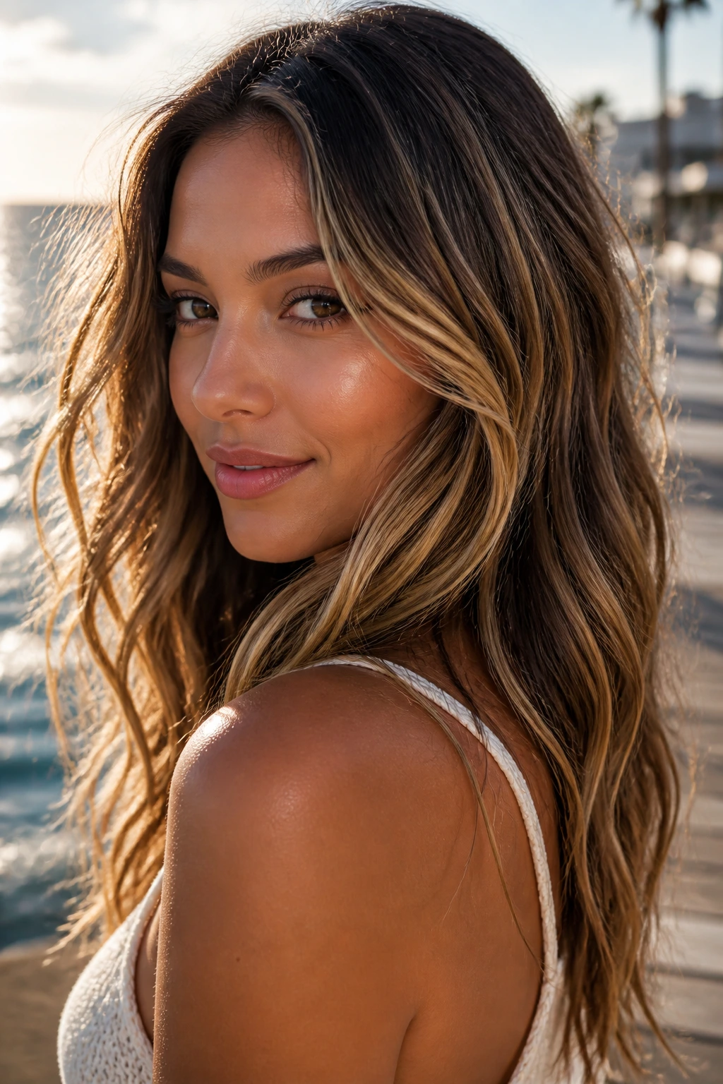 Close-up of a real woman with butterscotch beach waves and streaked ends.