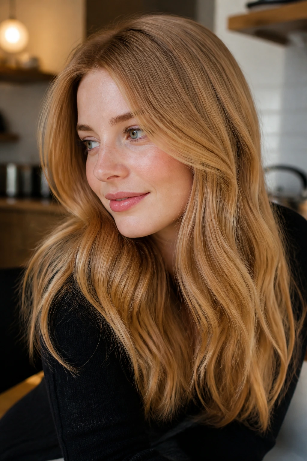 Close-up portrait of a real woman with butterscotch blonde hair in a sunlit kitchen