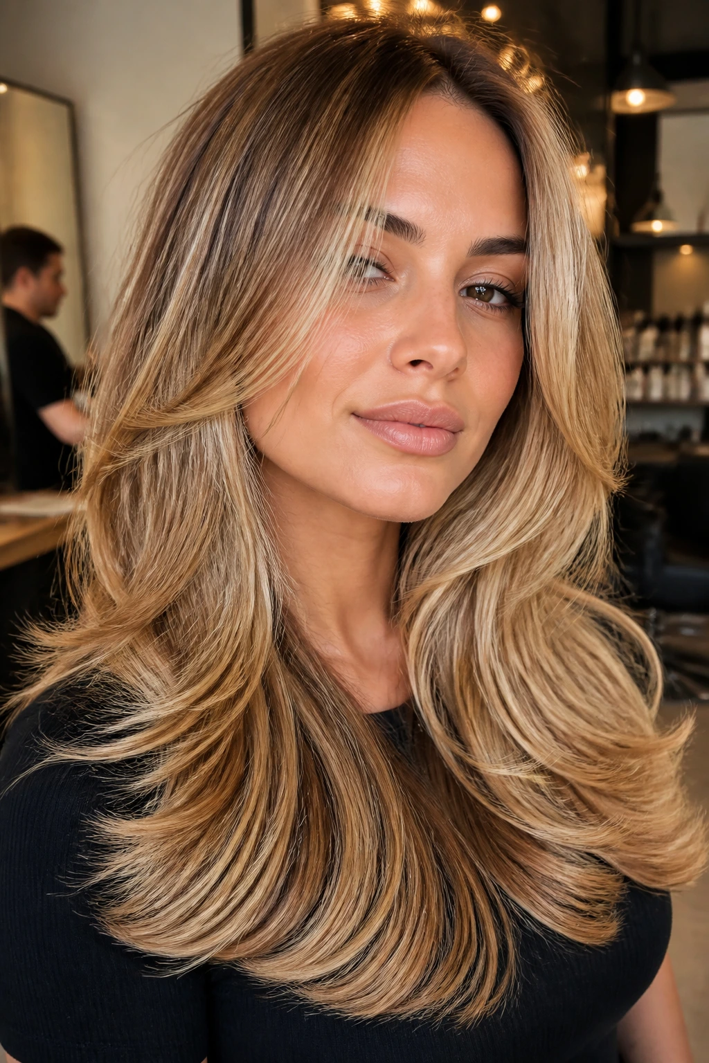 Close-up of butterscotch blonde blowout layers on a real person