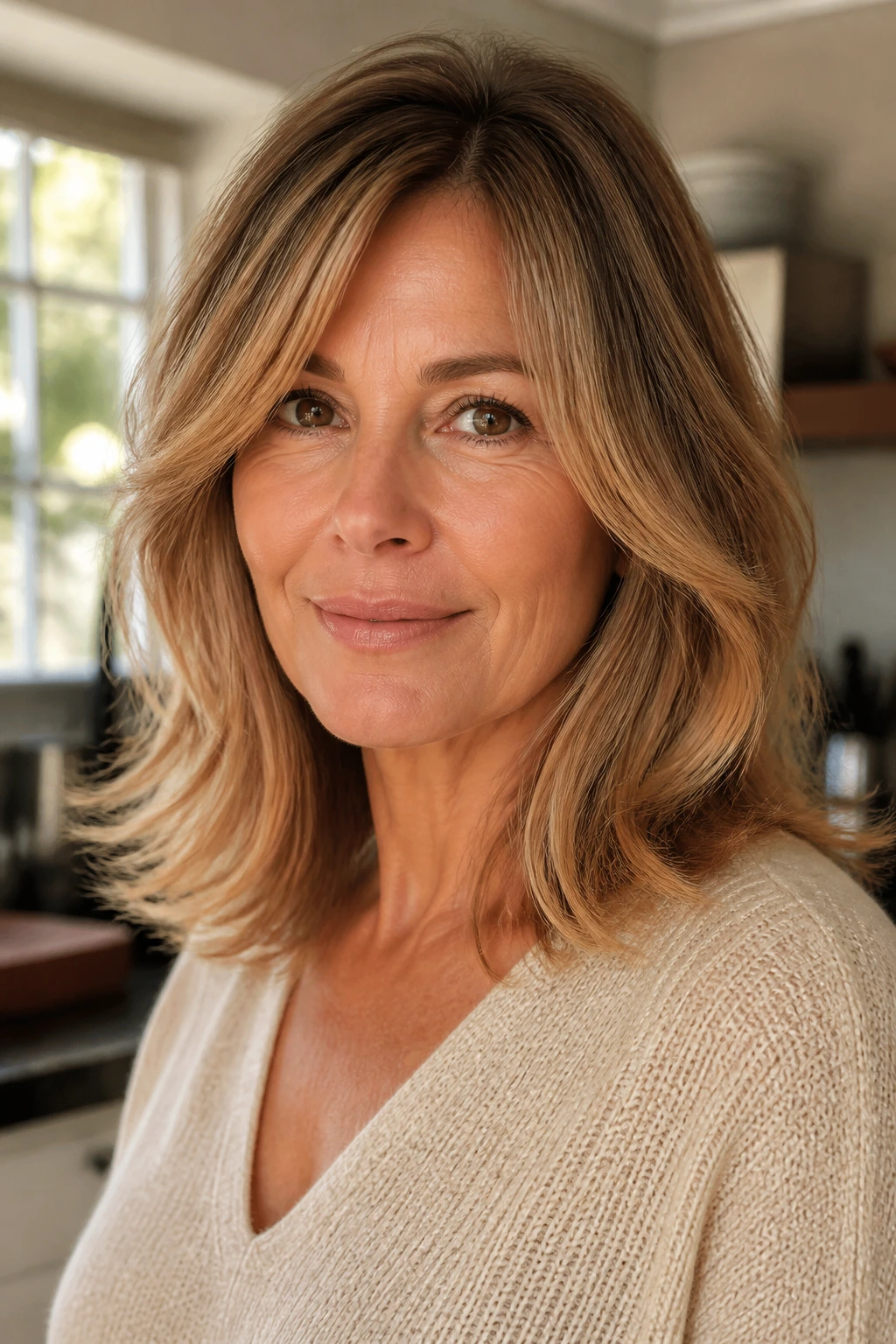 Portrait of a woman with butterscotch blonde hair and warm ends in natural light