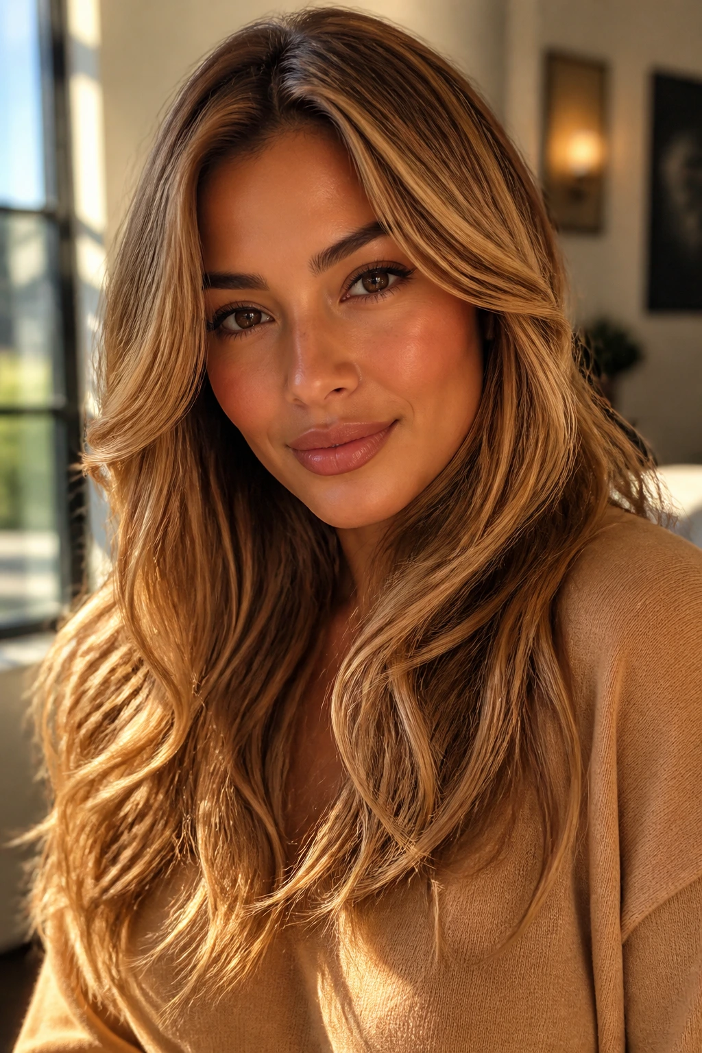 Close-up portrait of a real woman with butterscotch blonde hair and warm glow