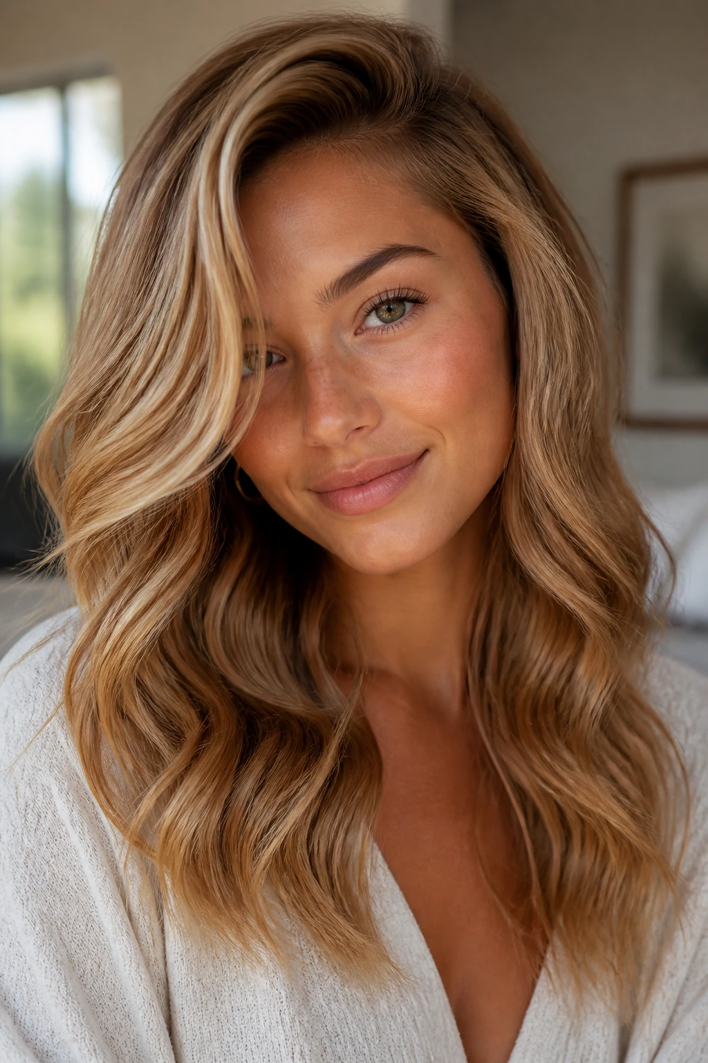 Close-up of a real woman with butterscotch blonde waves and a deep side part