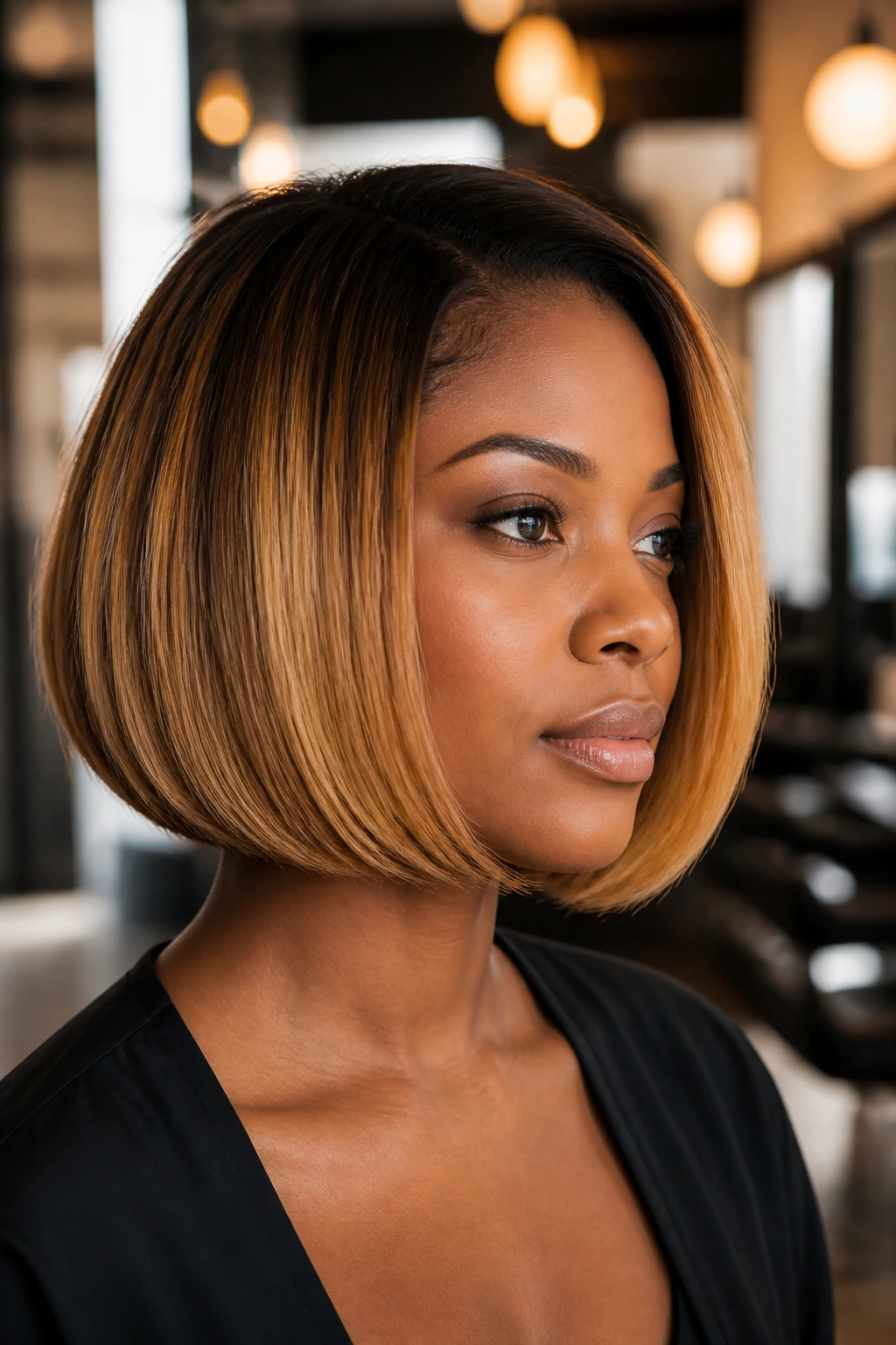 Portrait of a person with butterscotch blowout bob under warm salon lighting