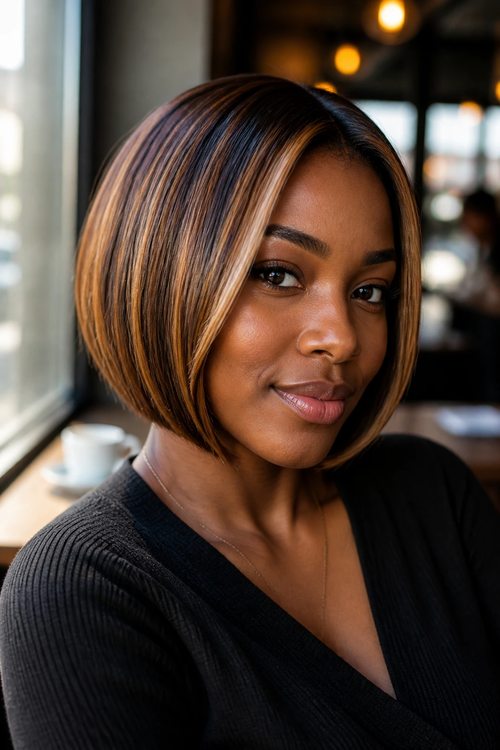 Real person with butterscotch bob with fine front highlights.