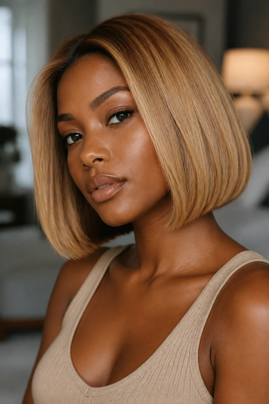 Close-up portrait of a real person with a blunt bob in butterscotch blonde