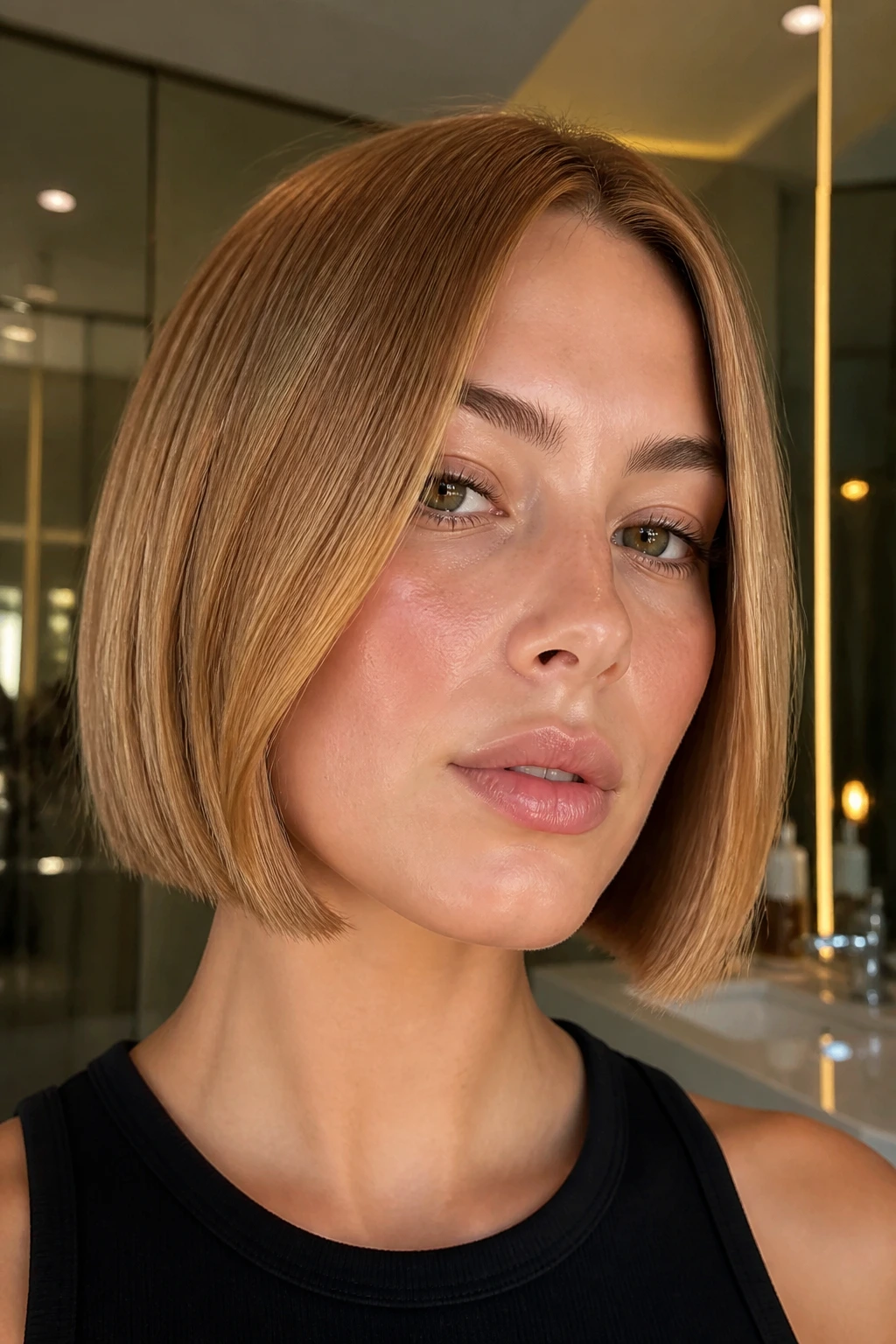 Portrait of a woman with a chin-length butterscotch bob