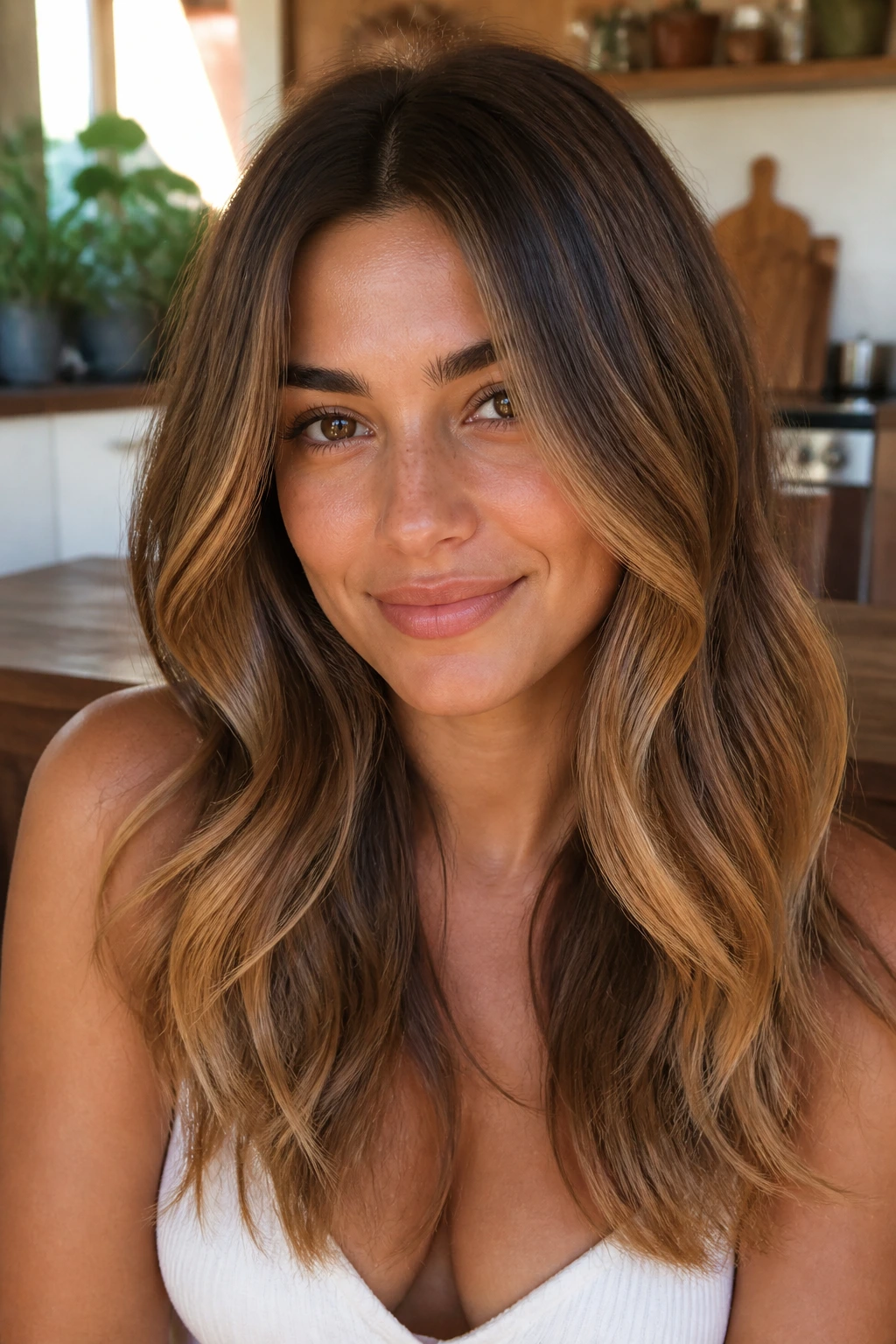 Close-up of a real woman with butterscotch bronde hair and warm tones