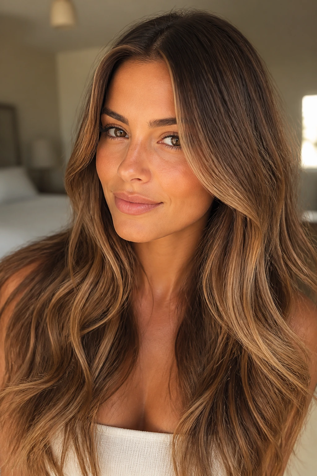 Close-up of a real woman with butterscotch bronde hair showing brown base and caramel ends in warm bedroom lighting