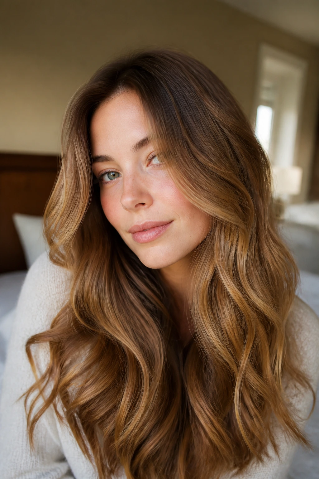 Close-up of a real woman with butterscotch balayage and brown base