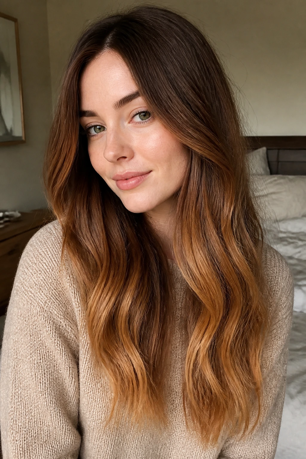 Close-up portrait of a woman with butterscotch brown melt gradient in long hair