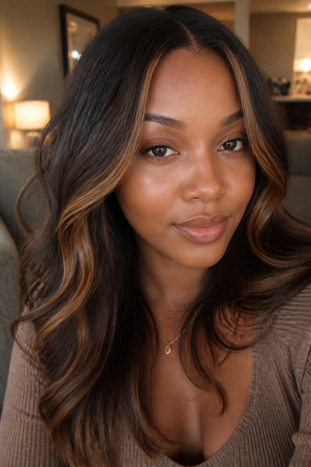 Close-up portrait of brunette with butterscotch warmth highlights framing the face