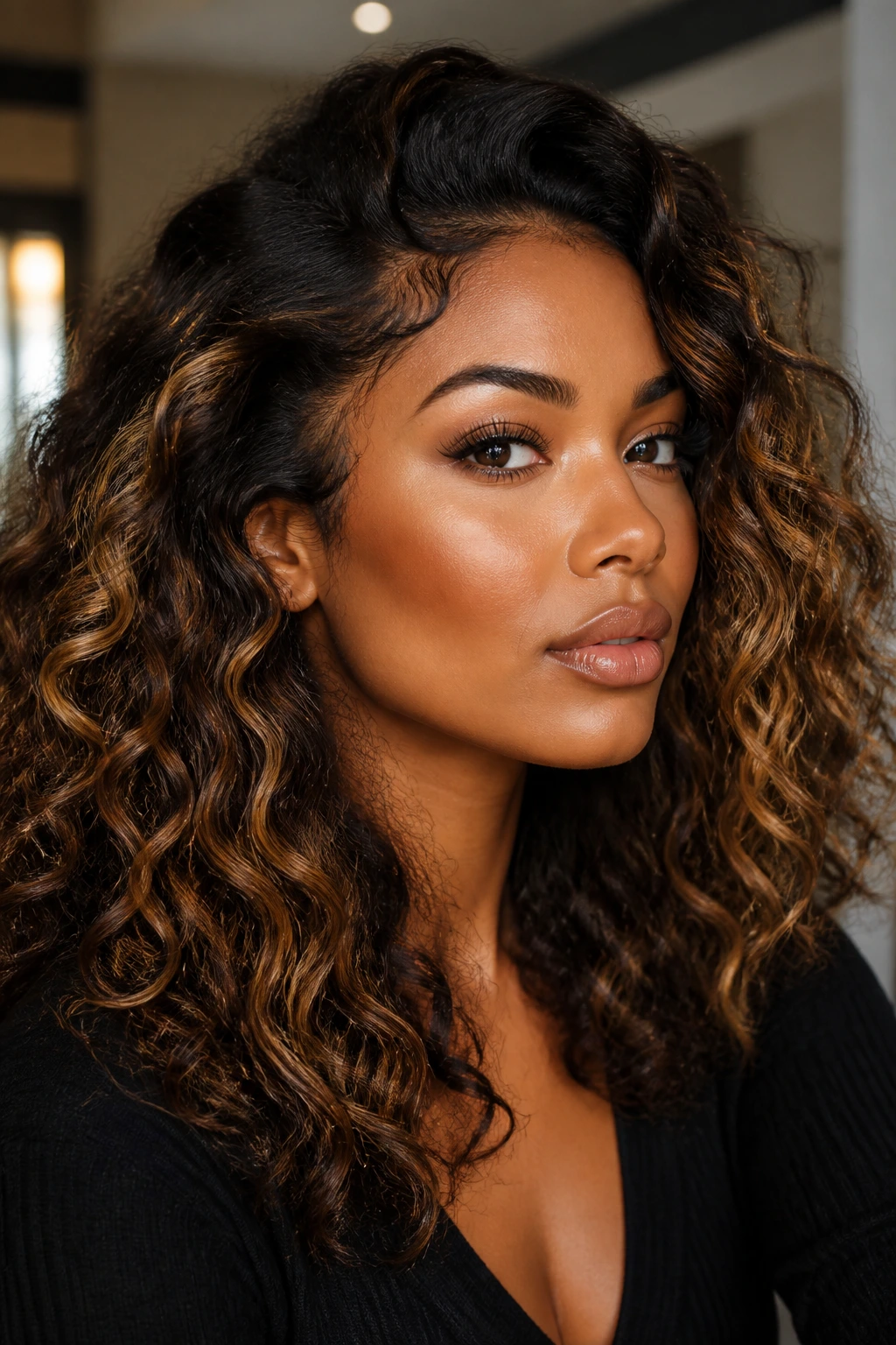 Close-up of a real person with butterscotch contour highlights at temples and jawline.