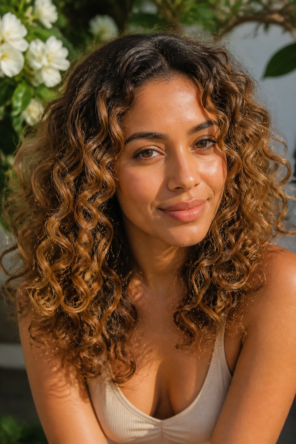 Real woman with butterscotch curls on olive skin in bright natural light.