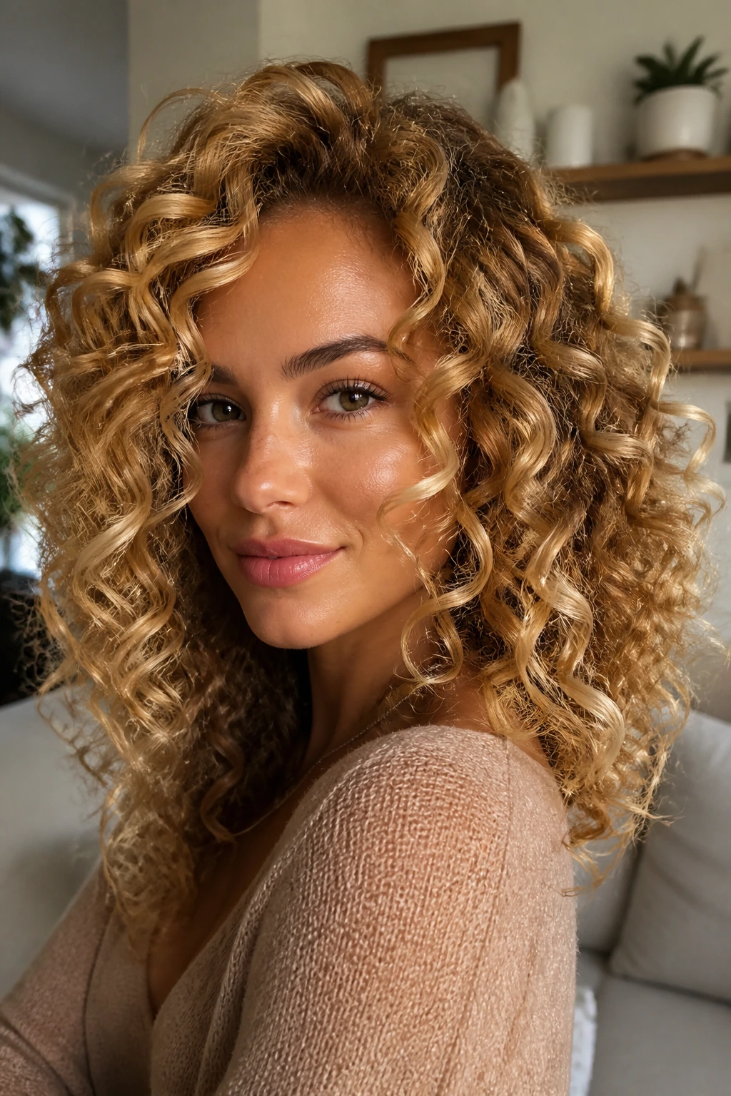 Close-up portrait of a real woman with butterscotch curls