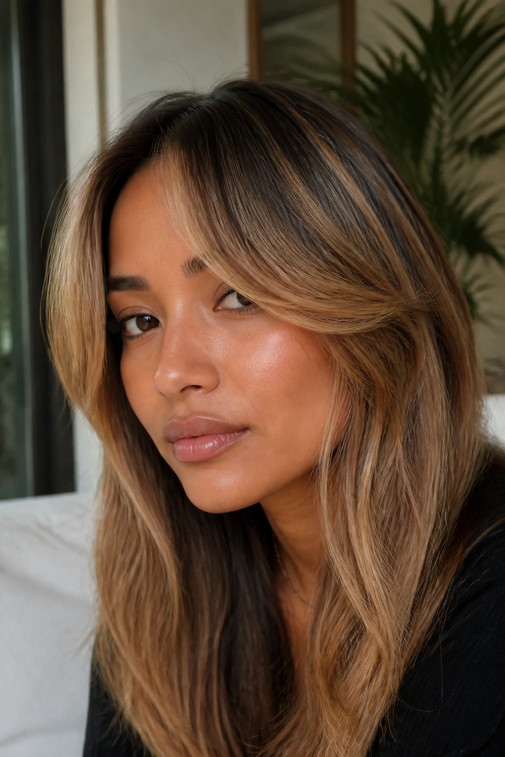 Close-up portrait of a real person with butterscotch curtain bangs framing the eyes