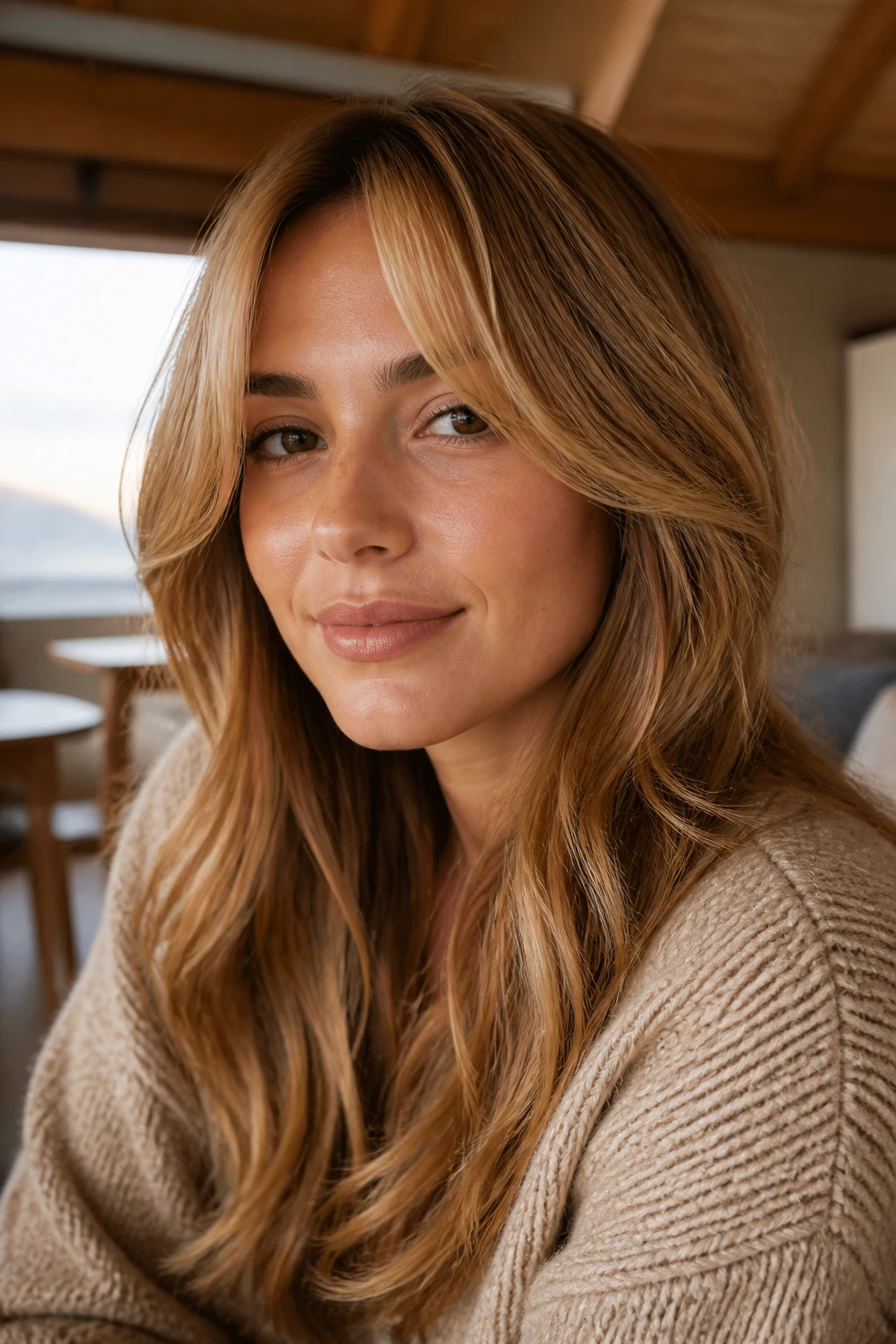 Close-up portrait of a real woman with butterscotch curtain bangs for warm skin tones.