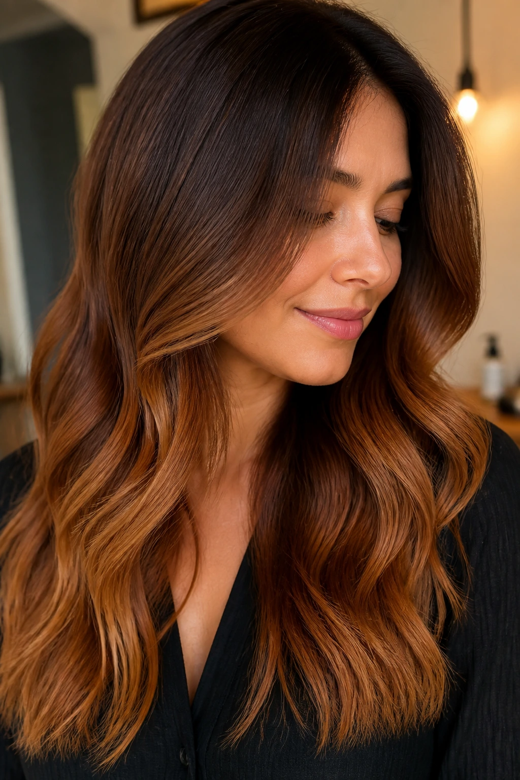 Close-up of butterscotch ends on a chestnut base on a real person