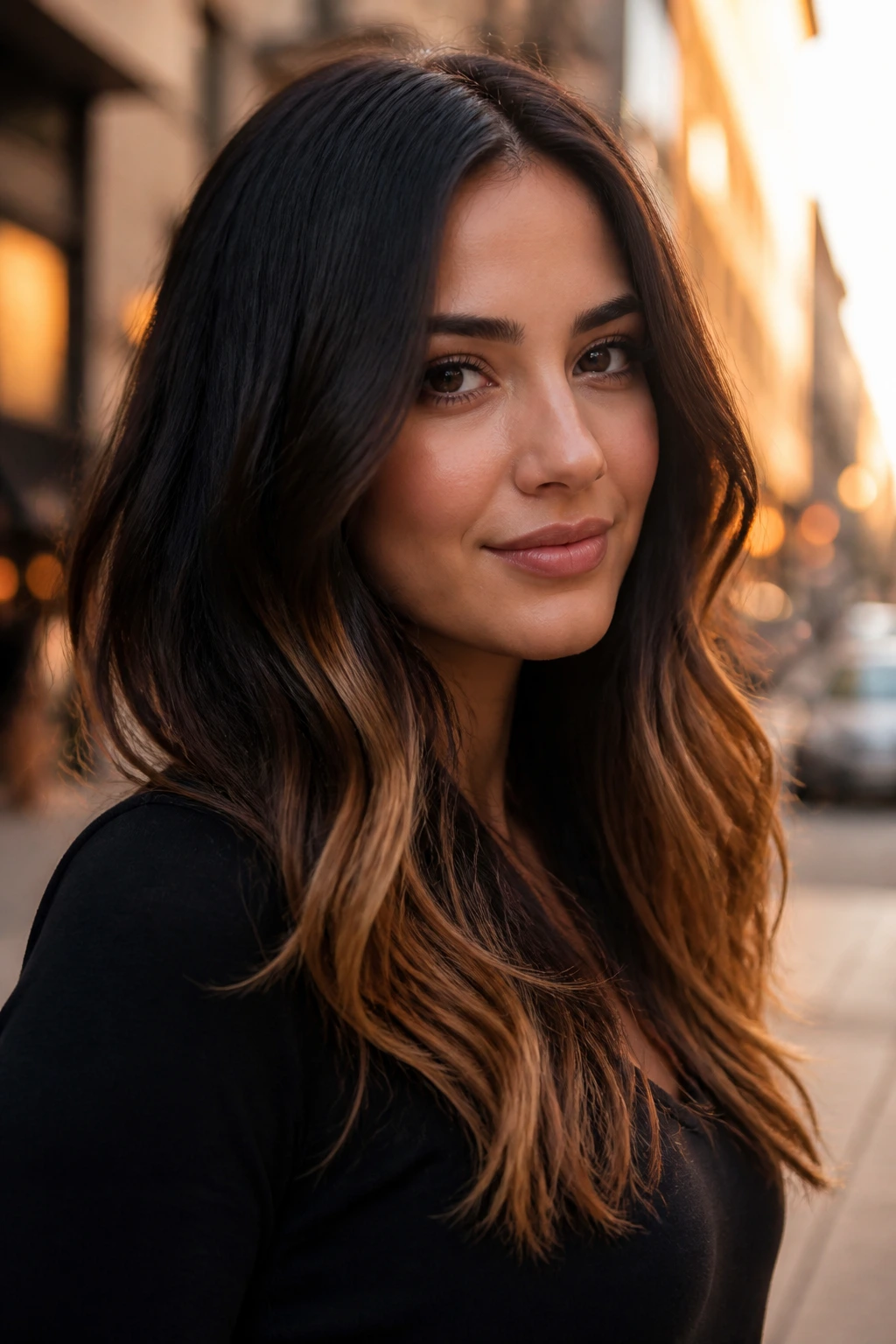 Close-up of a real woman with butterscotch ends on dark hair in golden-hour urban setting