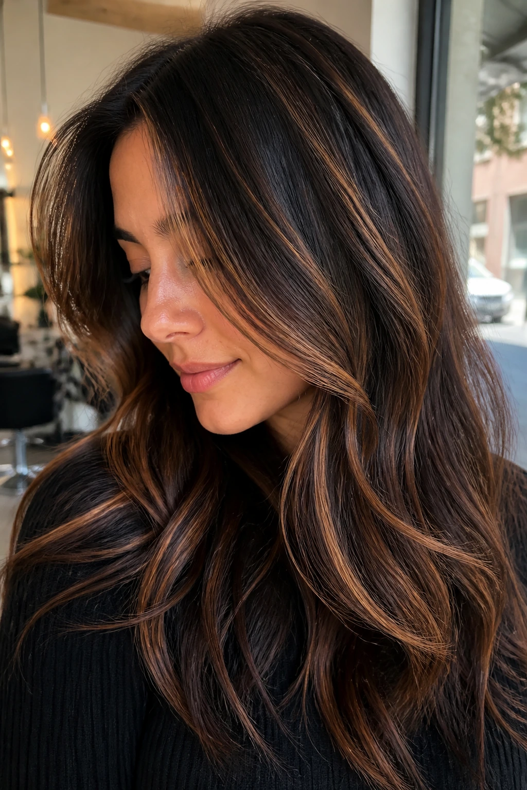 Close-up of butterscotch ribbons on espresso hair.