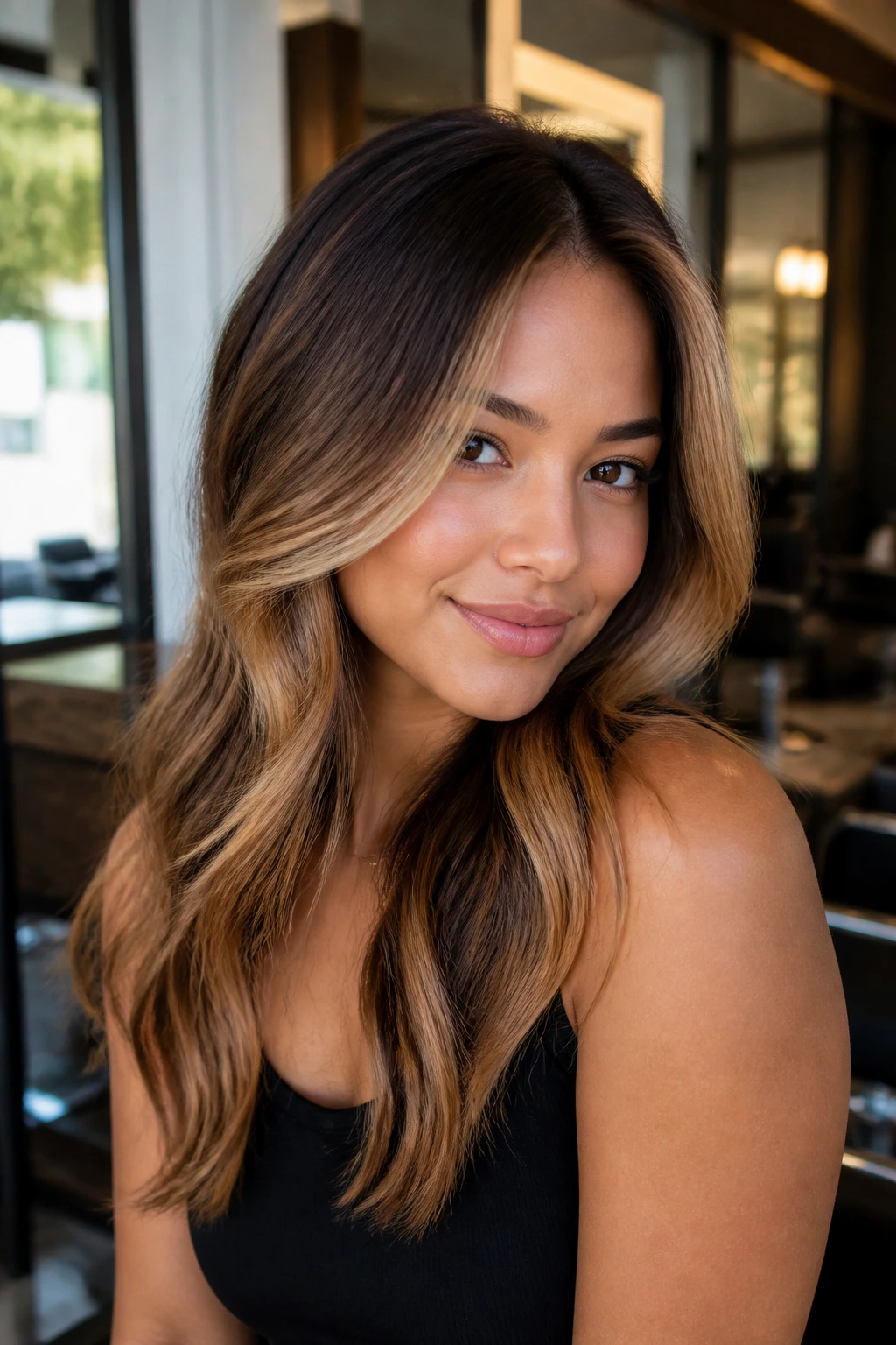 Close-up portrait of a real woman with face-framing butterscotch highlights around the cheeks and chin.