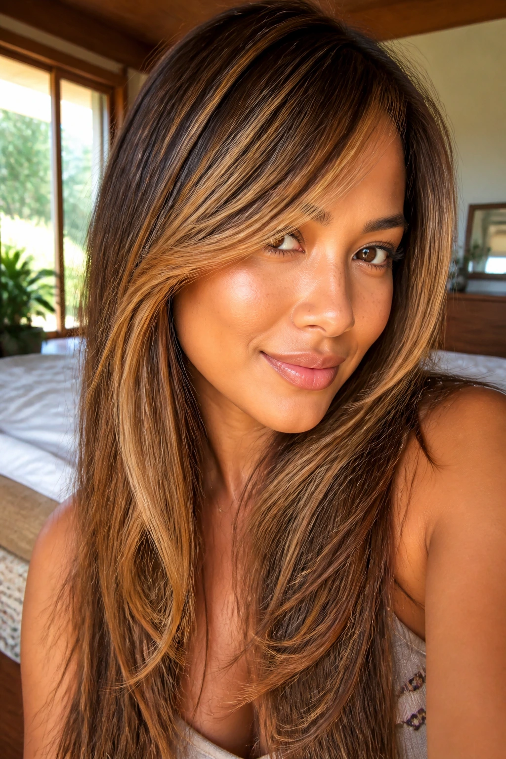 Close-up portrait of a real woman with a butterscotch face frame and side-swept bangs on tan skin.