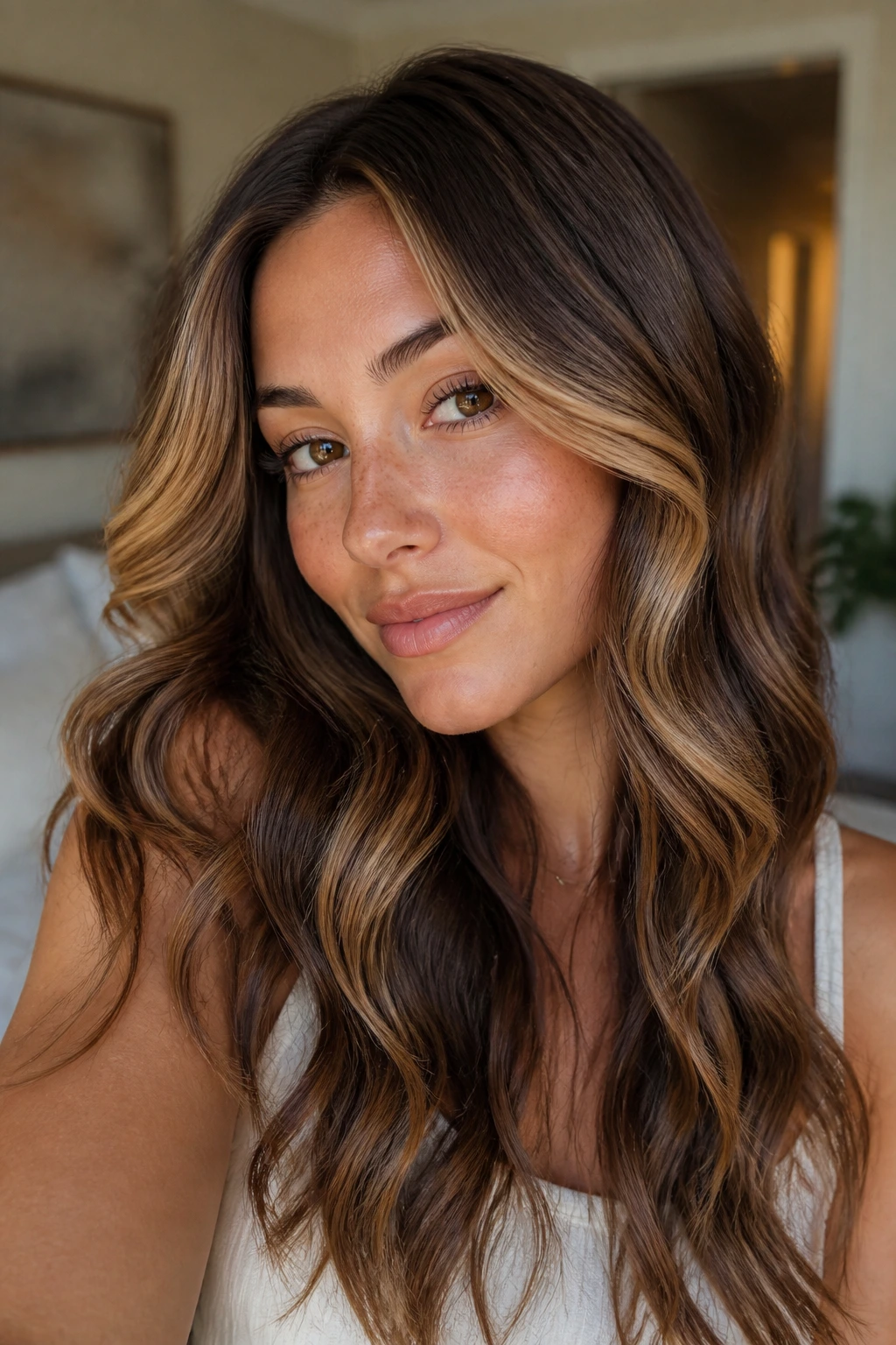 Real woman with butterscotch face-framing hair around the front