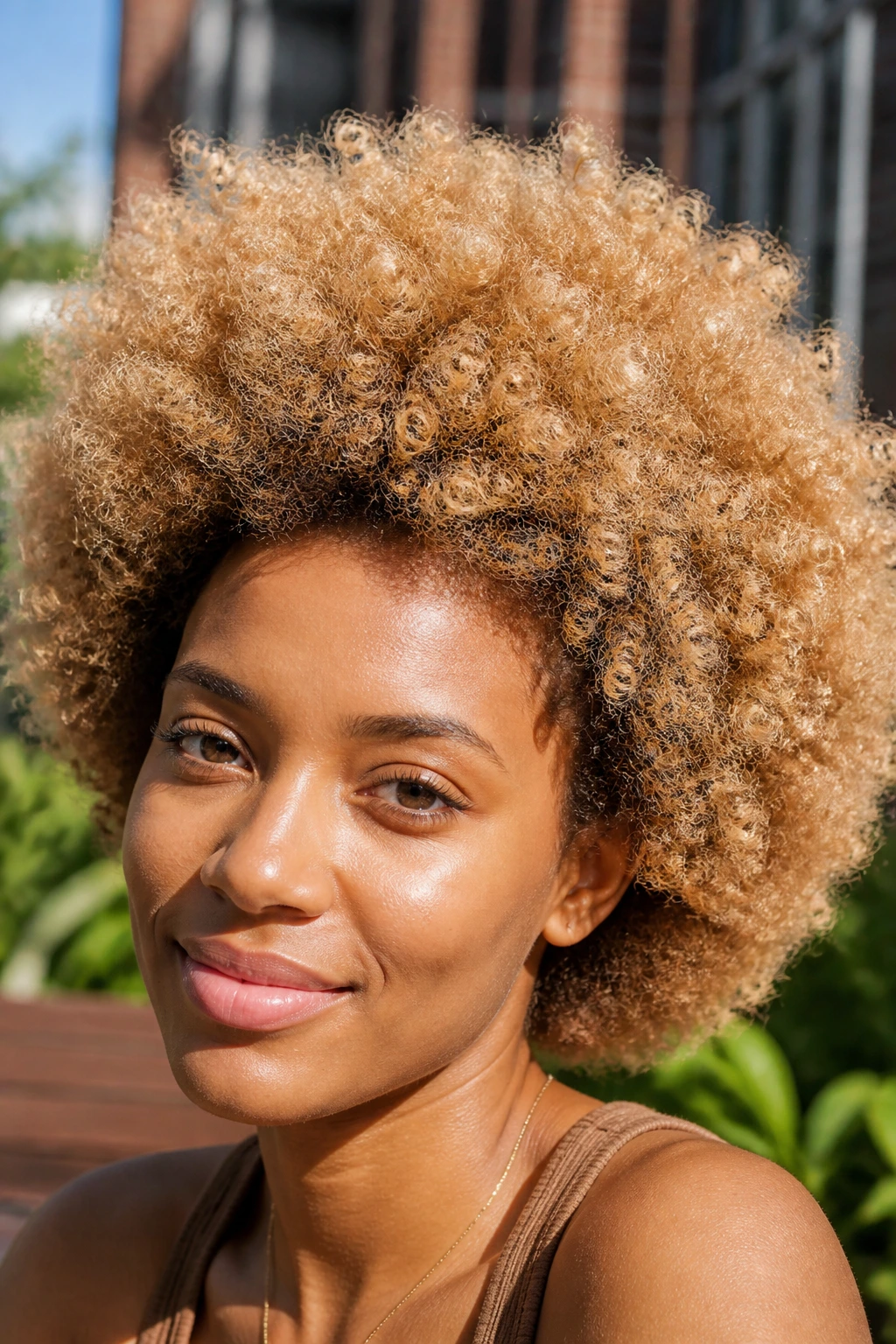 Close-up of a butterscotch blonde fro on a real person