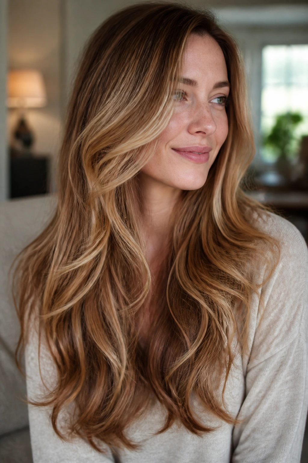 Close-up of a real woman with caramel-laced butterscotch layered hair.