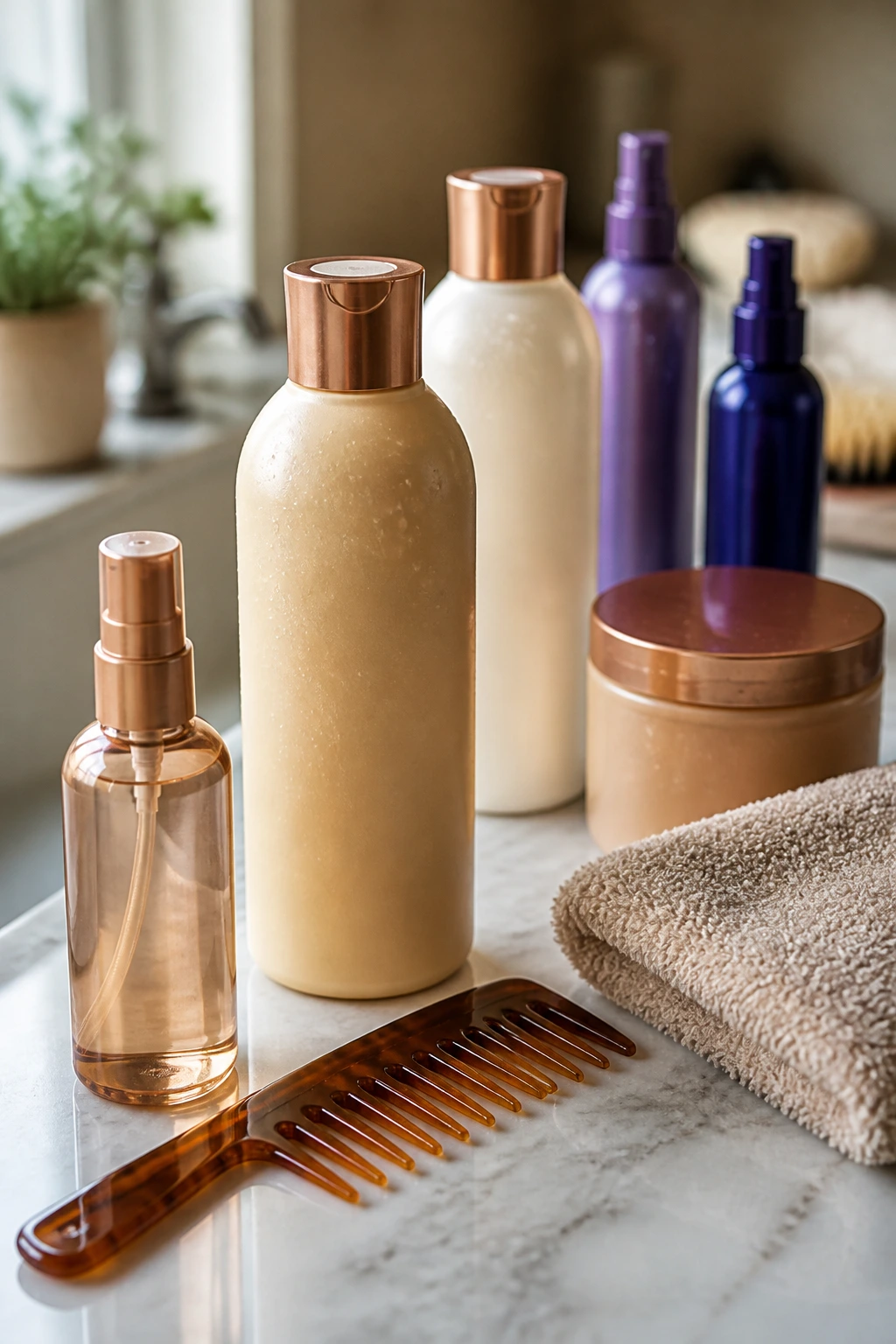 Close-up of butterscotch hair care products on a bathroom counter