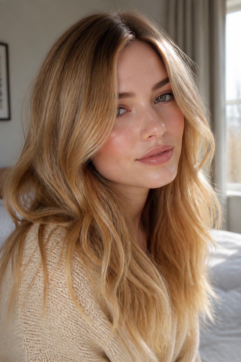 Close-up portrait of a person with butterscotch hair color flattering fair skin