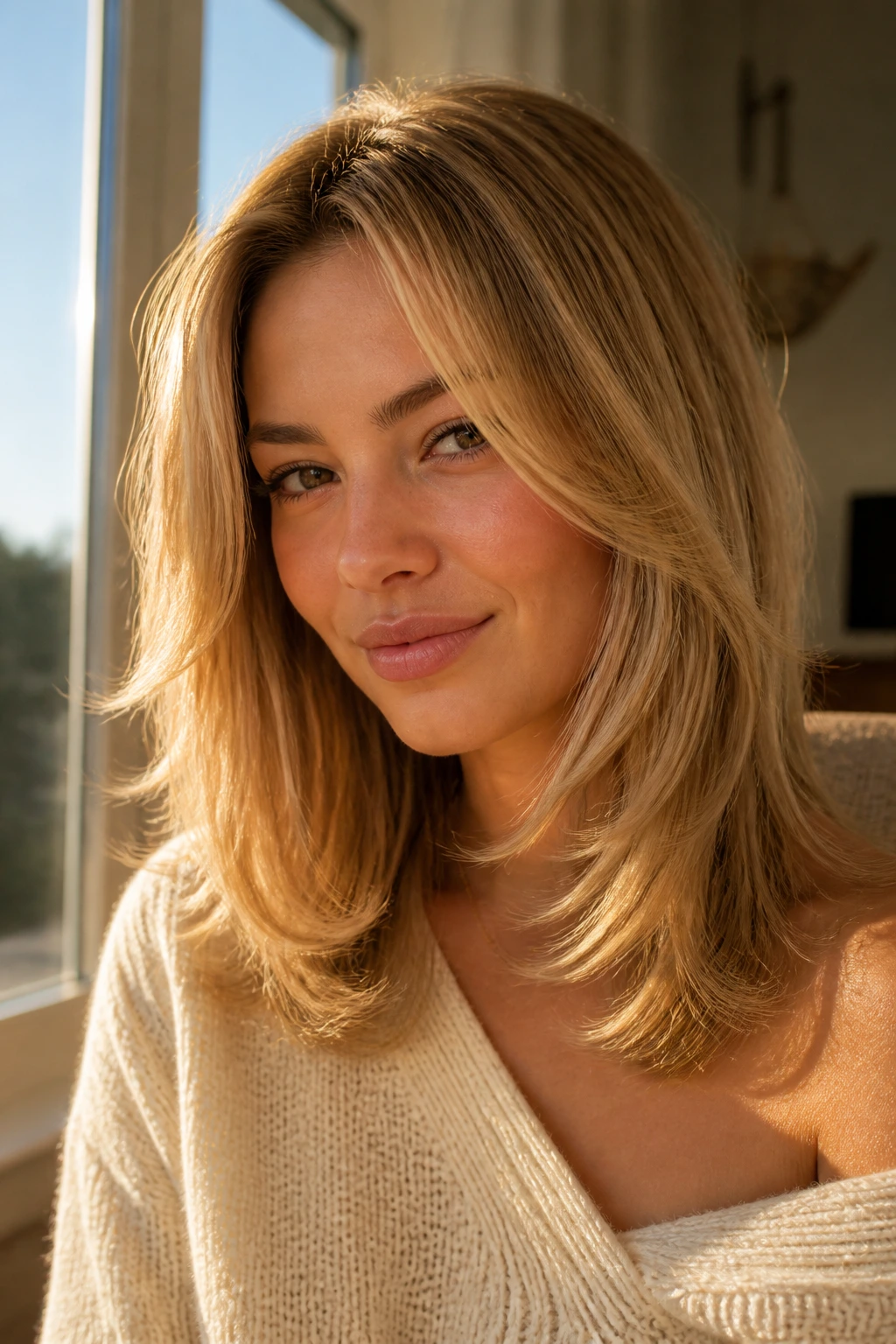 Close-up portrait of a woman with butterscotch layered hair and feathered ends.