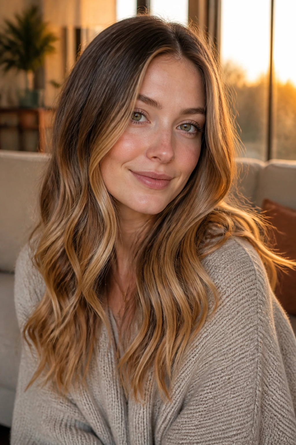 Close-up of a real woman with butterscotch-tip blend hair on fair skin
