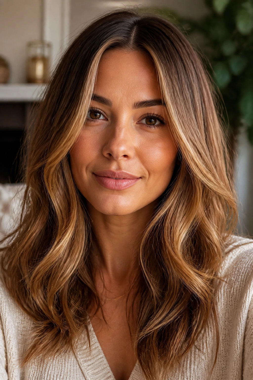 Close-up of a real woman with butterscotch highlights and creamy finish