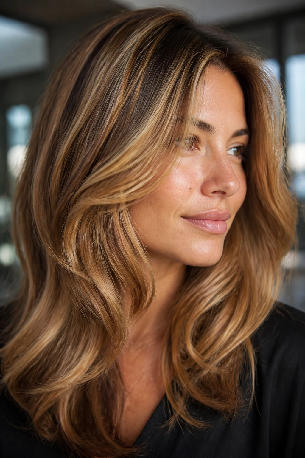 Portrait of a real person with butterscotch highlights in hair.