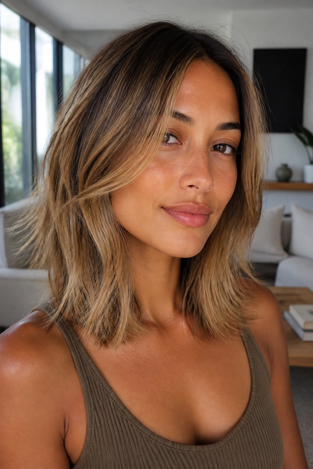 Close-up of a real woman with a butterscotch layered lob and soft layers