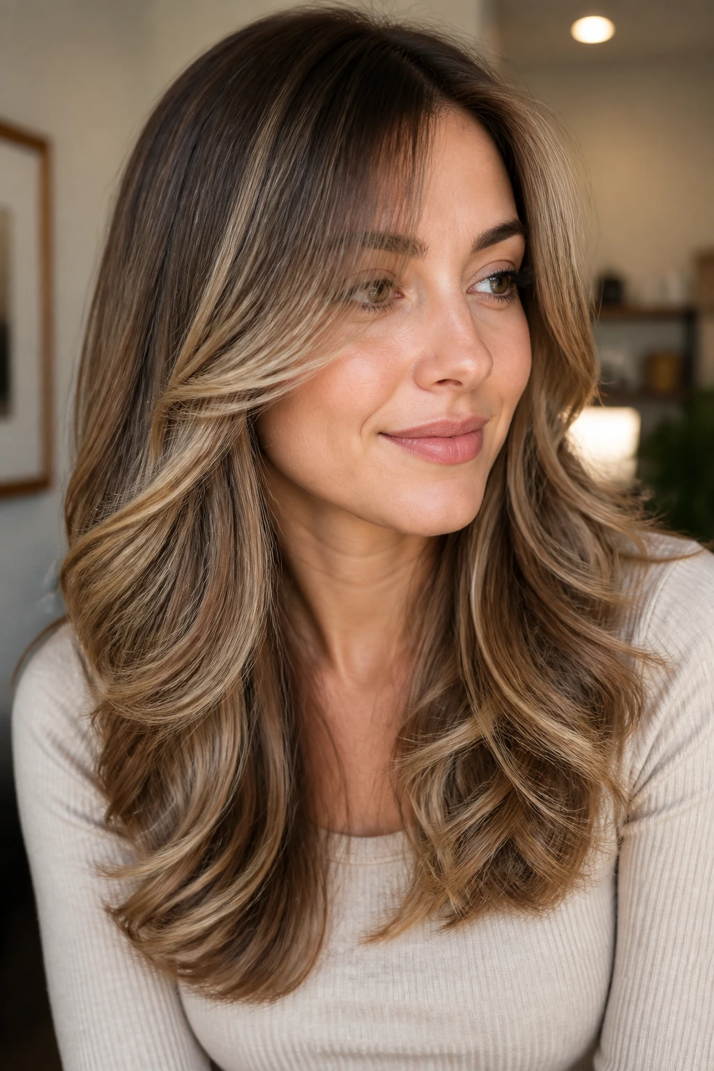 Close-up of brunette with soft butterscotch layers and warm glow