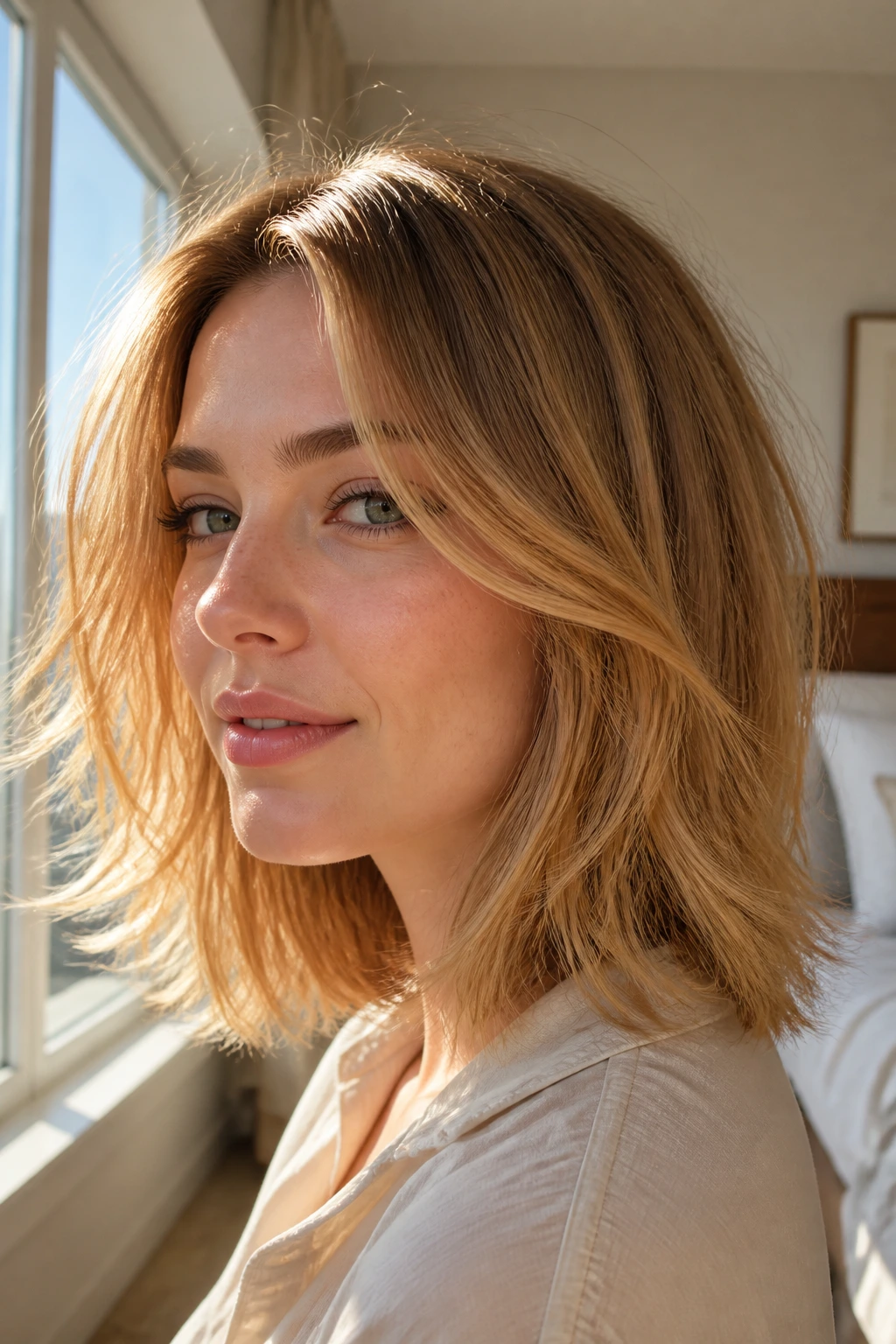 Portrait of a real woman with a soft butterscotch lob and airy ends in warm daylight