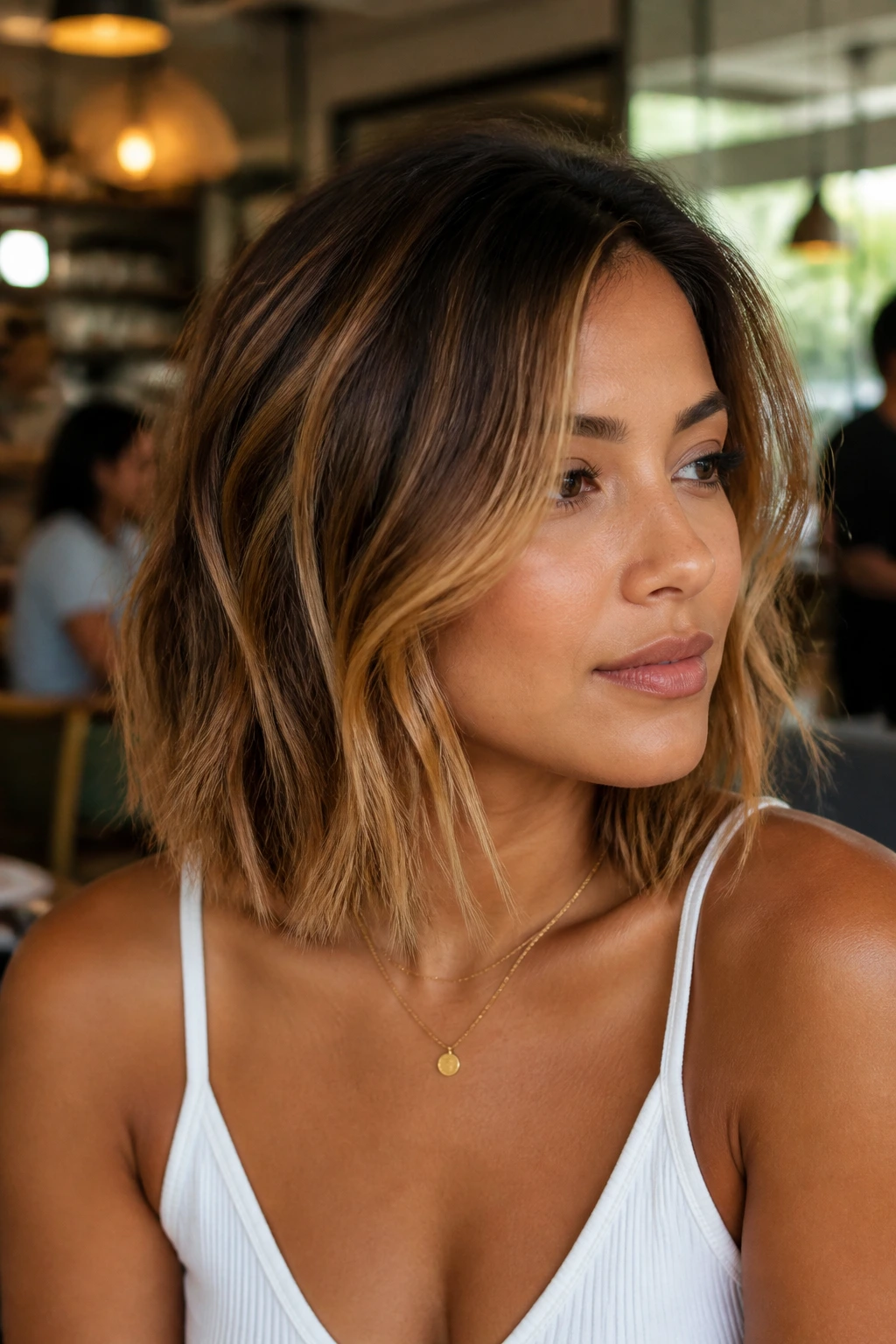Shoulder-length lob with butterscotch highlights and choppy ends on a tan-skinned person