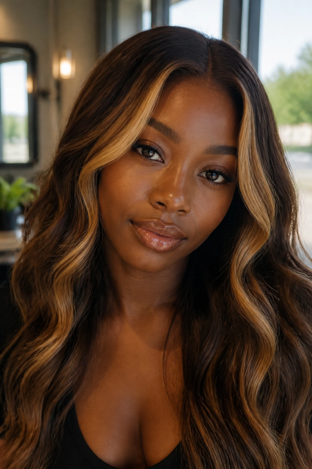 Close-up of a real woman's hair with a butterscotch money piece framing the face