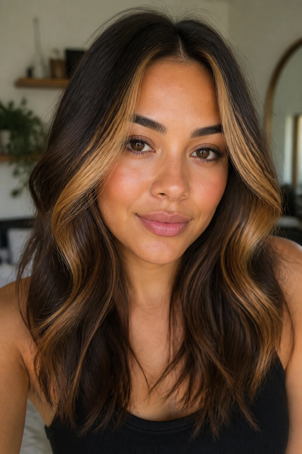 Portrait of a real woman with butterscotch money piece hair