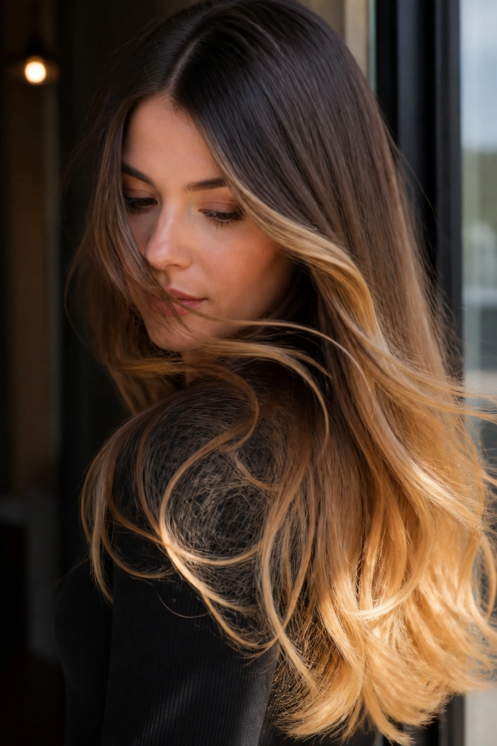 Butterscotch ombre on real woman with brown roots blending to blonde ends