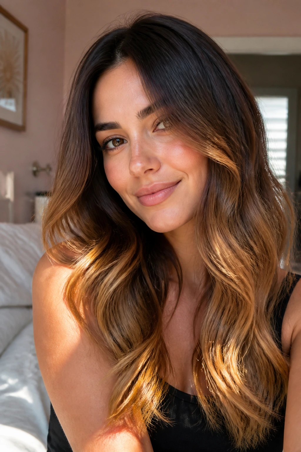 Close-up of a real woman with brunette roots and butterscotch ombré ends