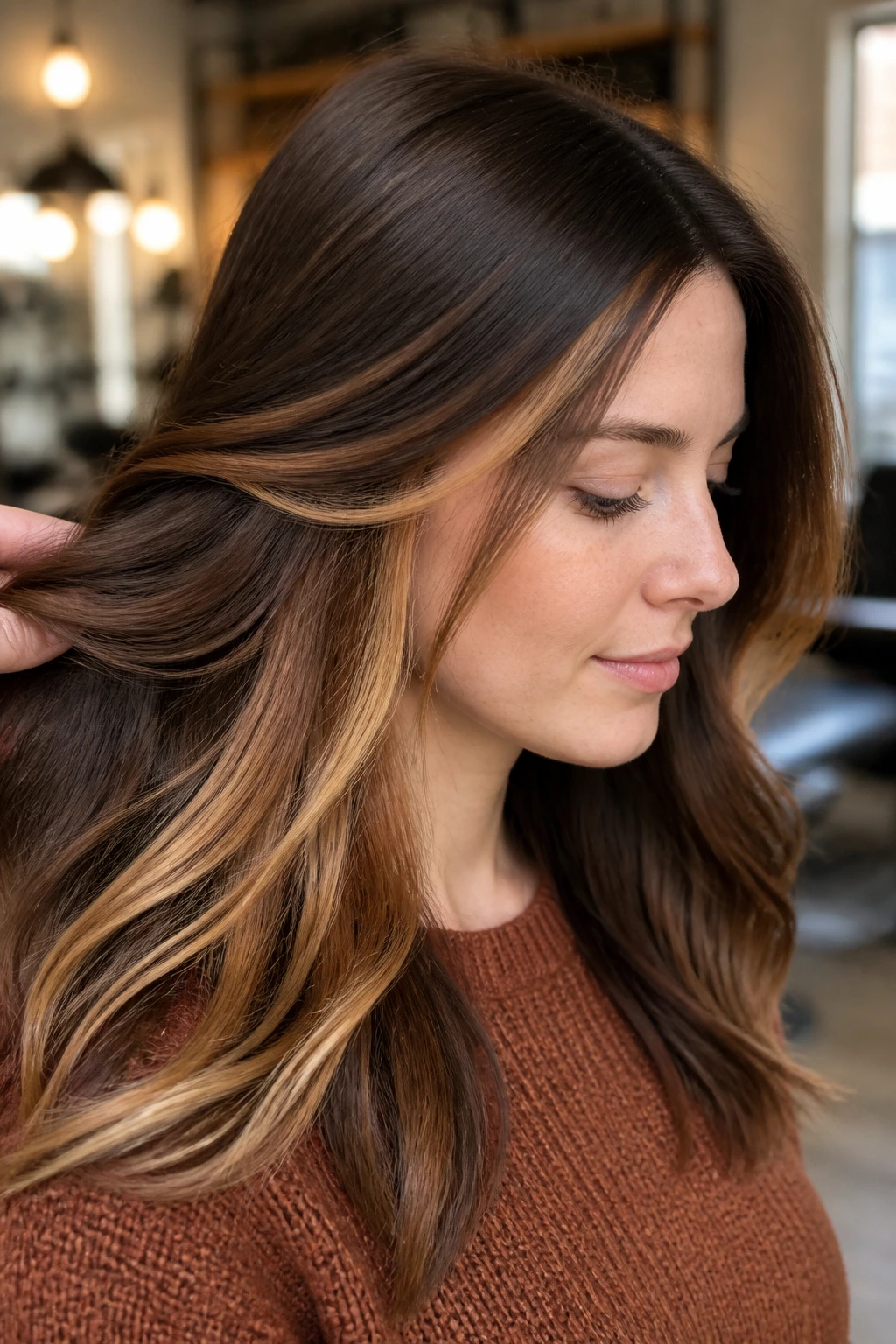 Close-up of a real woman revealing hidden butterscotch panels under the top hair layer in a salon.