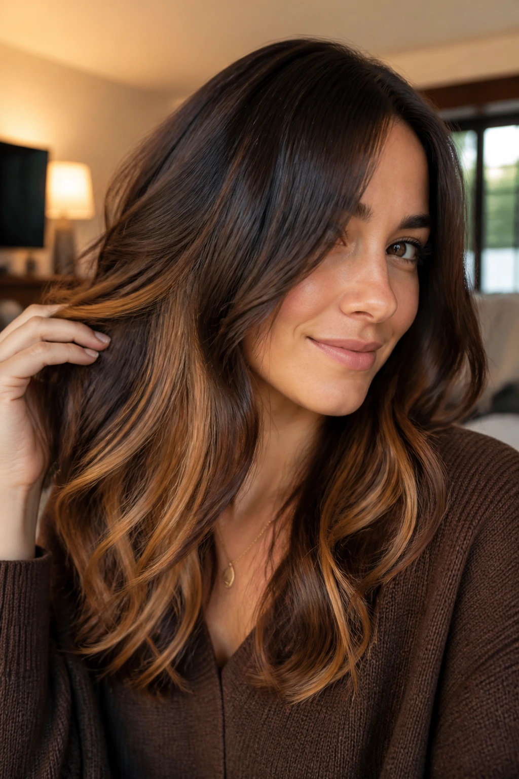 Butterscotch peekaboo panels visible under dark brown hair